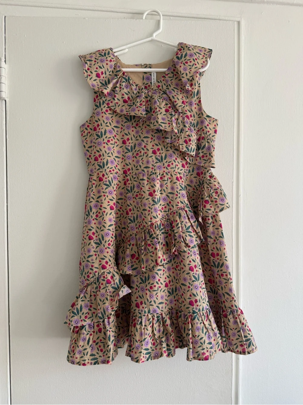 Janie & Jack Girls Floral Ruffle Dress in Beige with Pink & Purple Accents